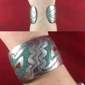 Navajo Indian Silver Turquoise Coral Cuff Bracelet